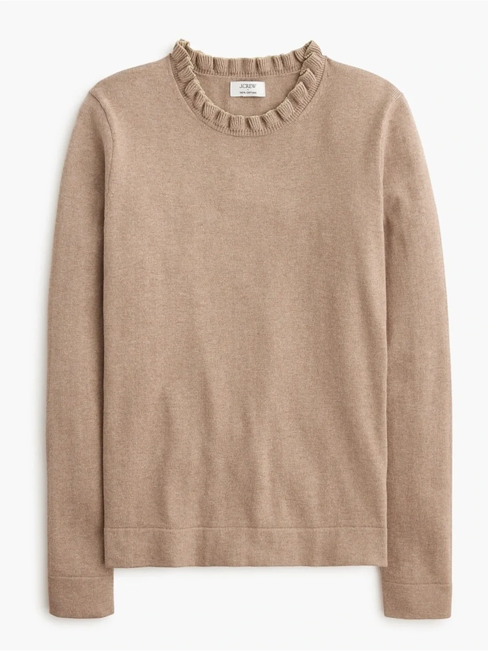 J.Crew Ruffle Neck Cotton Sweater Heather Camel Taupe Pullover Women’s Medium